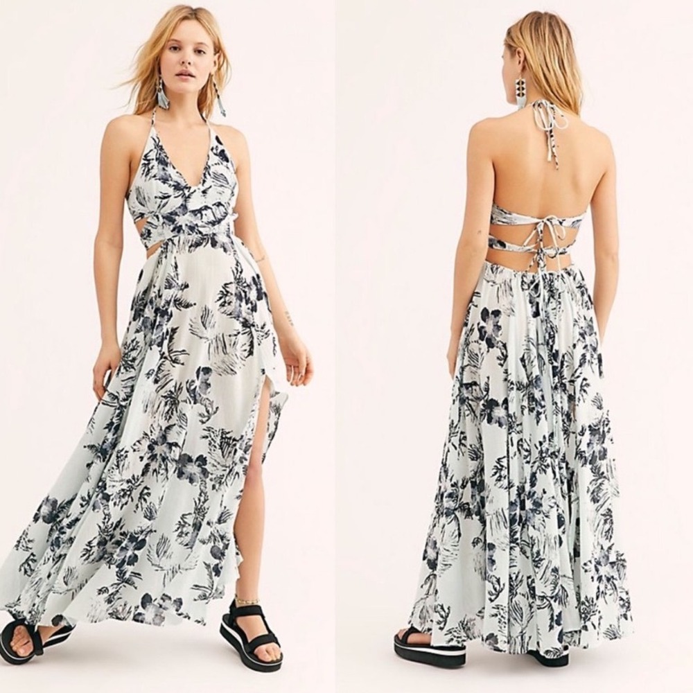 Free People Cut Out Lille Print Halter Maxi Dress Mint Black Women's Size Medium